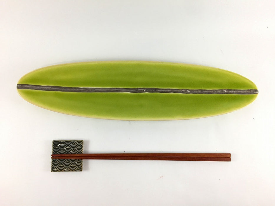 【SALE】黄緑オリベ銀　楕円長皿特小　31cm　有田焼【訳あり】
