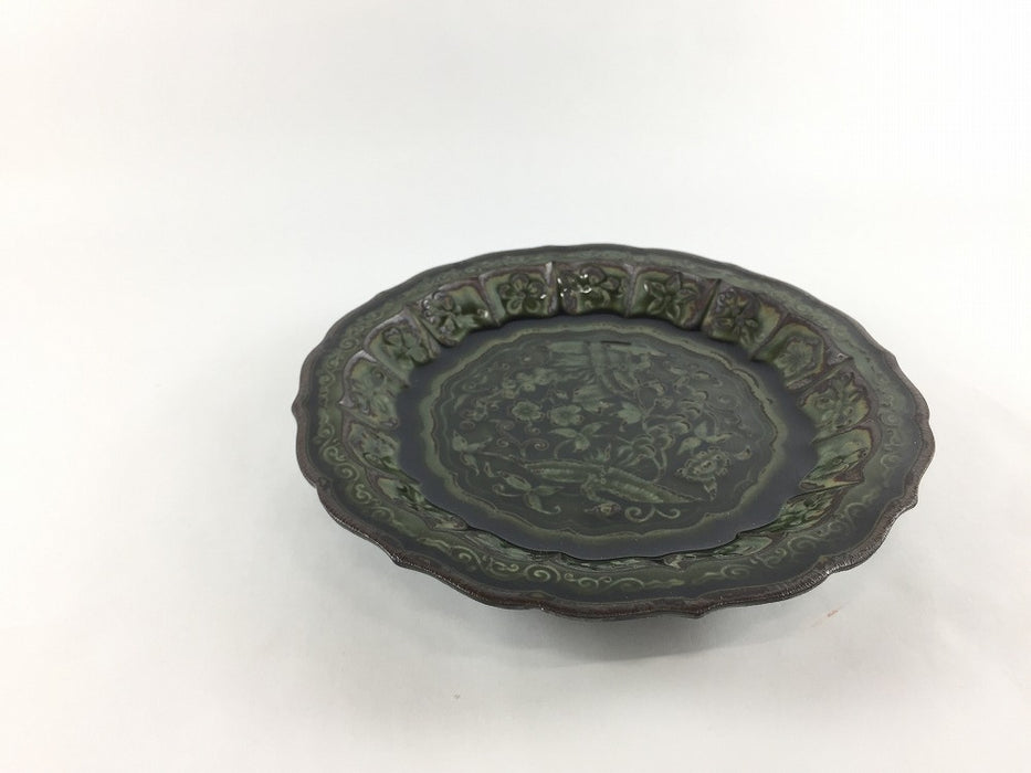 花鳥彫5寸皿　黒緑　16cm　有田焼福泉窯(j.R)