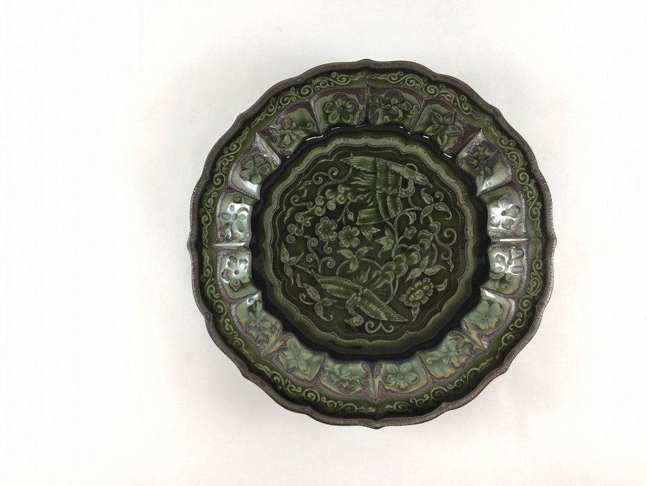花鳥彫5寸皿　黒緑　16cm　有田焼福泉窯(j.R)