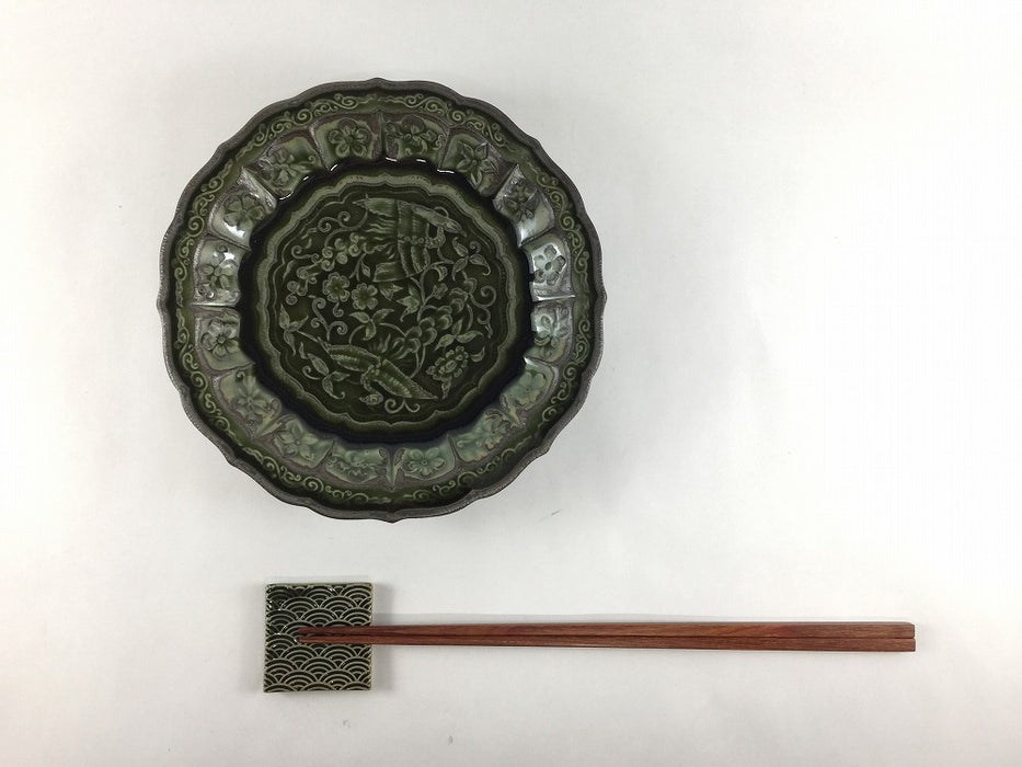 花鳥彫5寸皿　黒緑　16cm　有田焼福泉窯(j.R)