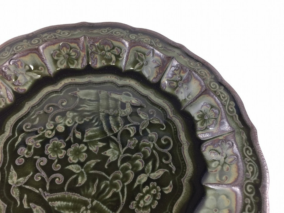 花鳥彫5寸皿　黒緑　16cm　有田焼福泉窯(j.R)