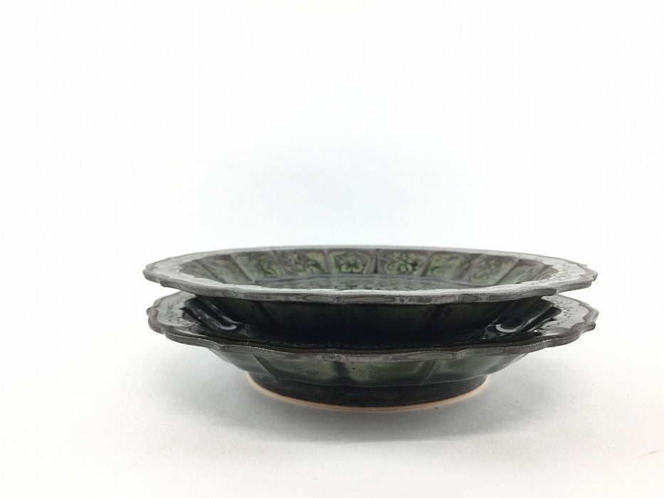 花鳥彫5寸皿　黒緑　16cm　有田焼福泉窯(j.R)