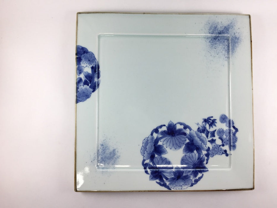 28cm正角大皿.染付四君子　伊万里焼(j.R)