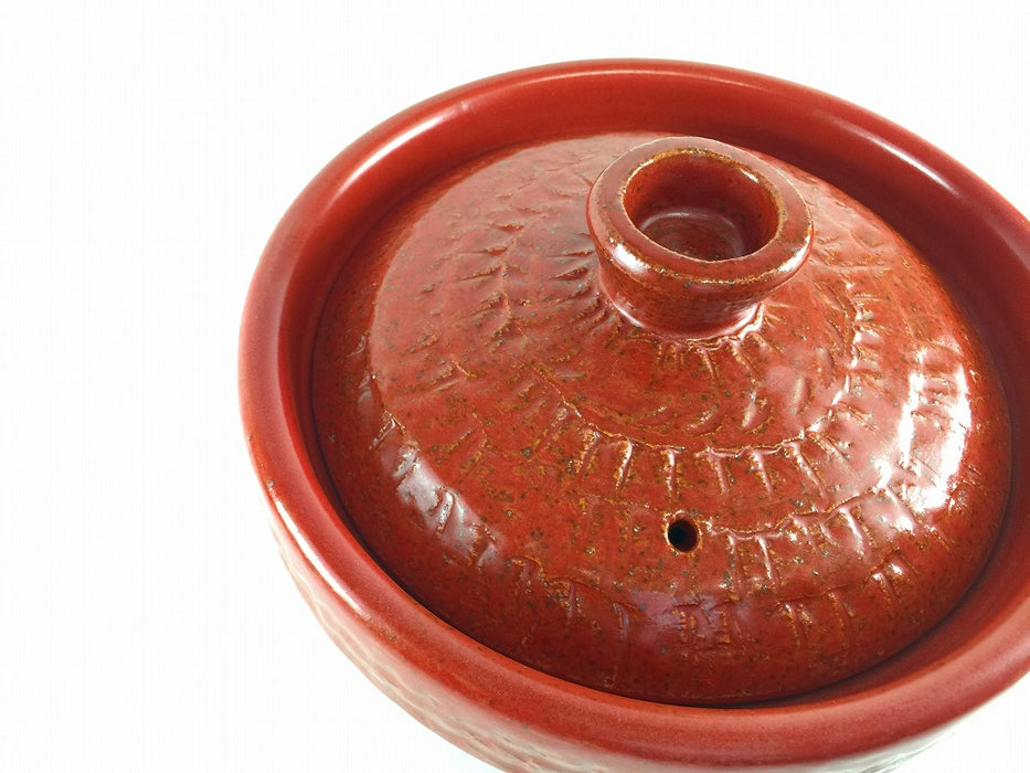 3合飛び鉋彫ご飯鍋.　赤楽　21cm　有田焼(j.R)