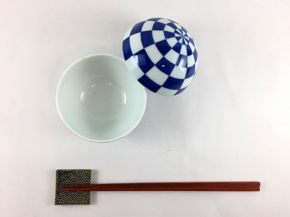 95玉蓋物　青市松　9cm　有田焼(j.R)