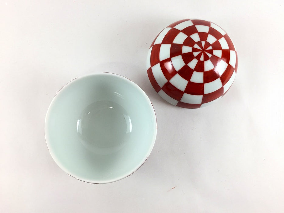 95玉蓋物　赤市松　9cm　有田焼(j.R)