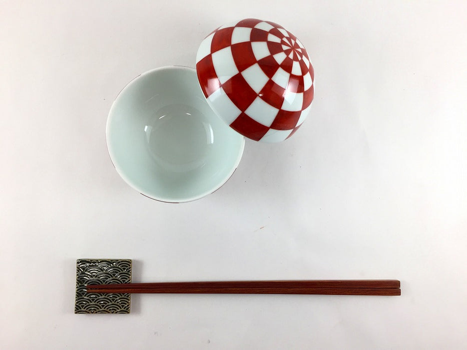 95玉蓋物　赤市松　9cm　有田焼(j.R)