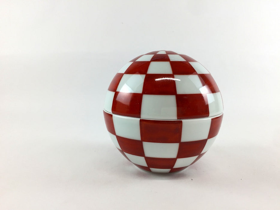 95玉蓋物　赤市松　9cm　有田焼(j.R)