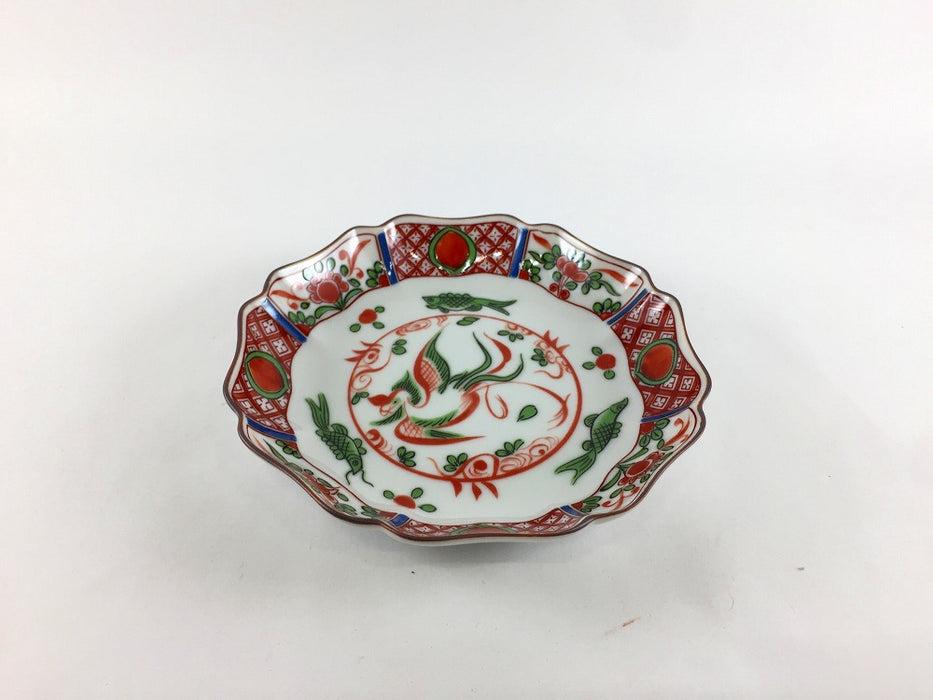 13cm輪花皿　赤絵鳳凰　九谷焼(j.R)