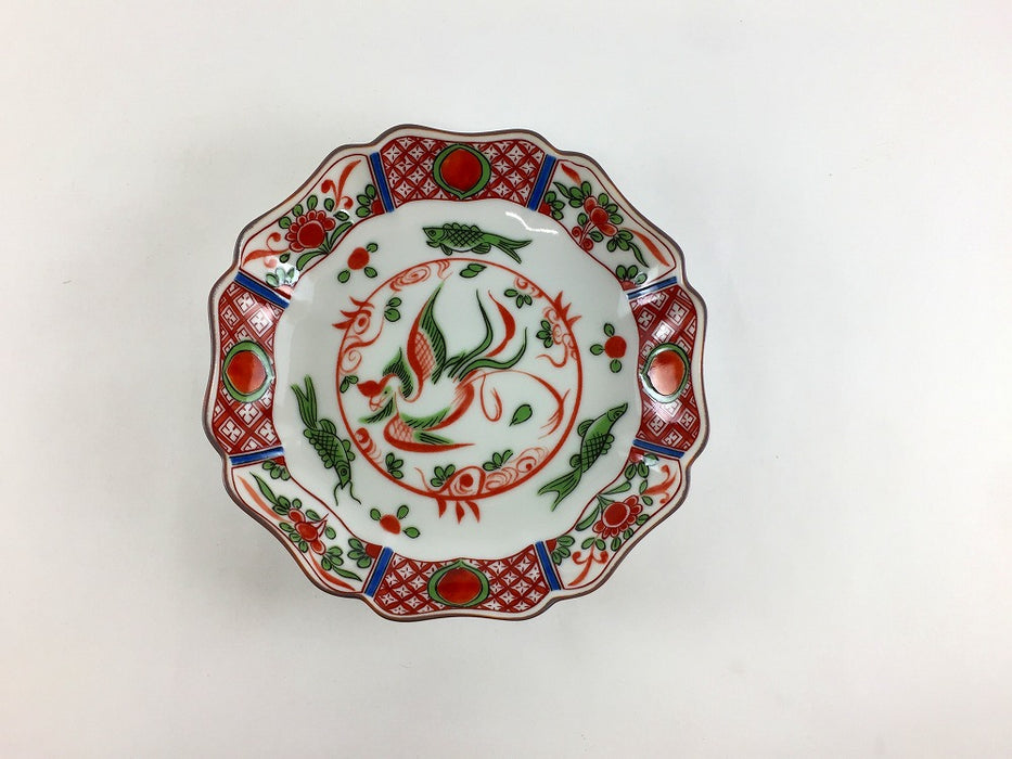13cm輪花皿　赤絵鳳凰　九谷焼(j.R)