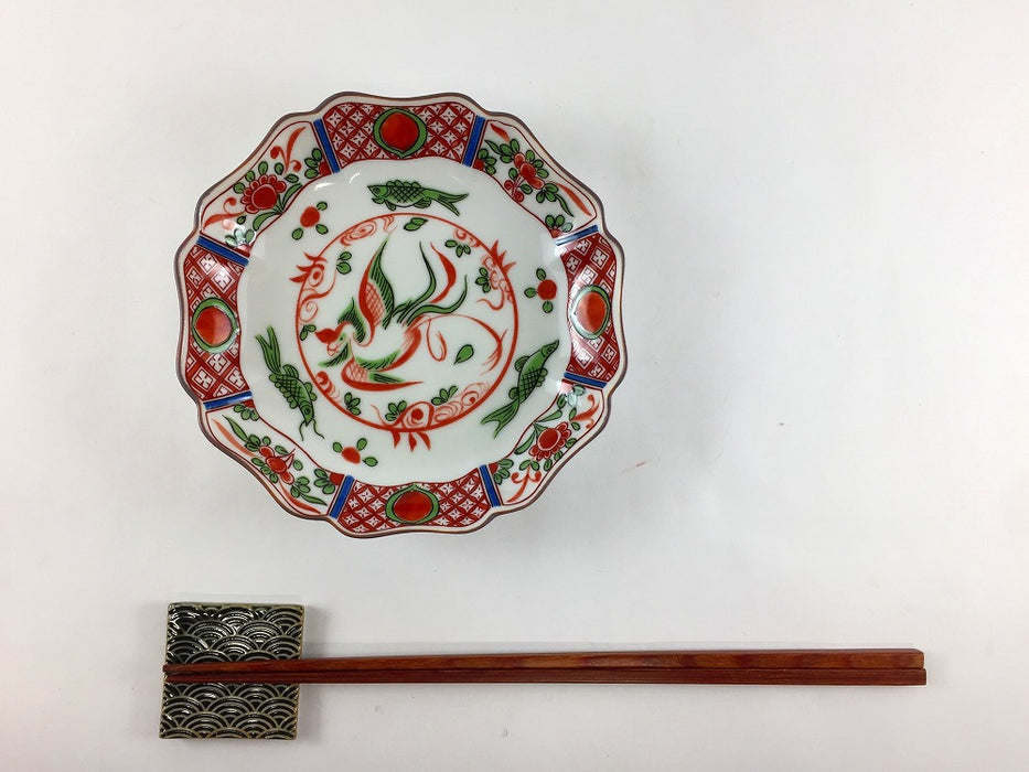 13cm輪花皿　赤絵鳳凰　九谷焼(j.R)