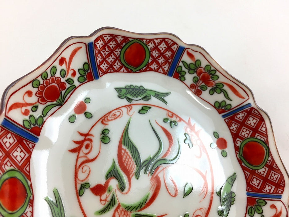 13cm輪花皿　赤絵鳳凰　九谷焼(j.R)