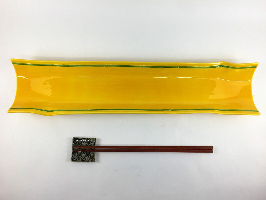 【SALE】筒長皿　黄緑線　40cm　有田焼【訳あり】