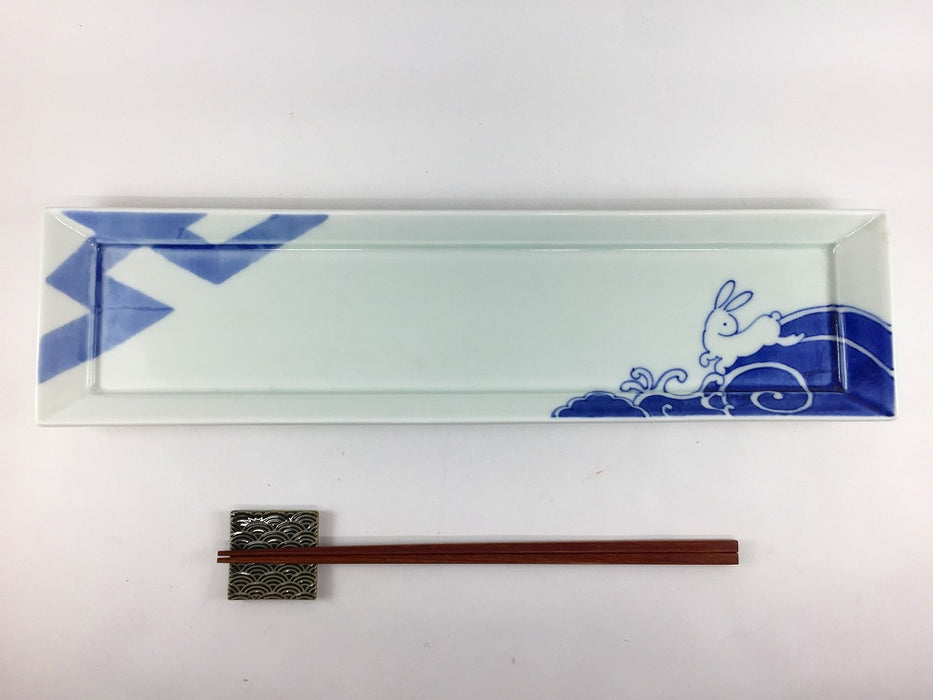 【SALE】江戸釉染付うさぎ長皿　38cm　有田焼【訳あり】