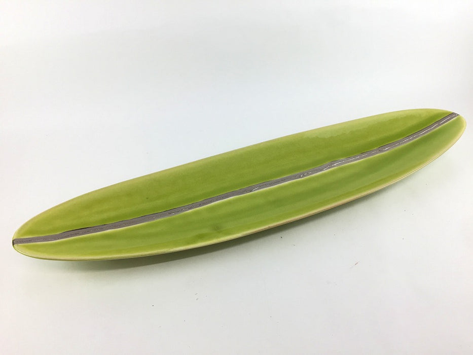【SALE】黄緑オリベ銀楕円長皿小　45cm　有田焼【訳あり】