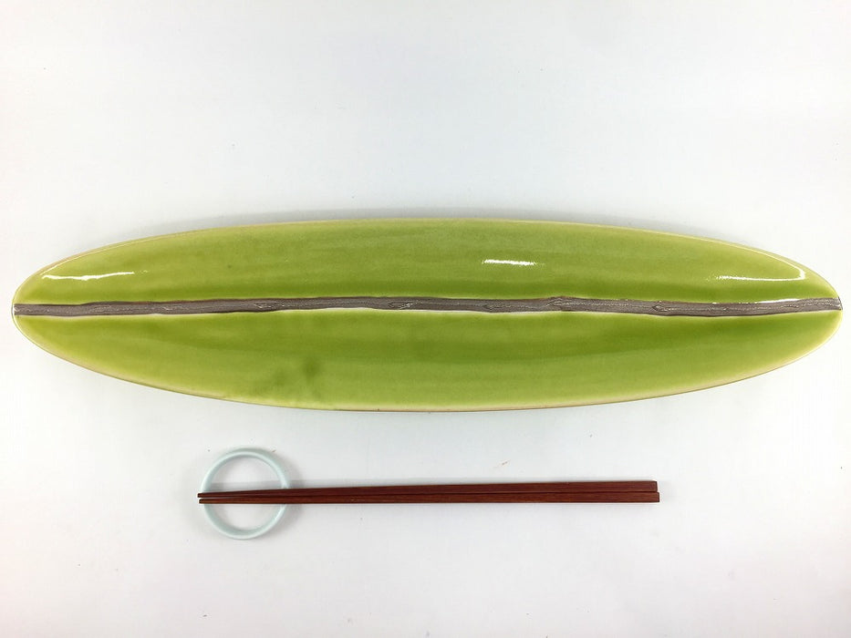 【SALE】黄緑オリベ銀楕円長皿小　45cm　有田焼【訳あり】