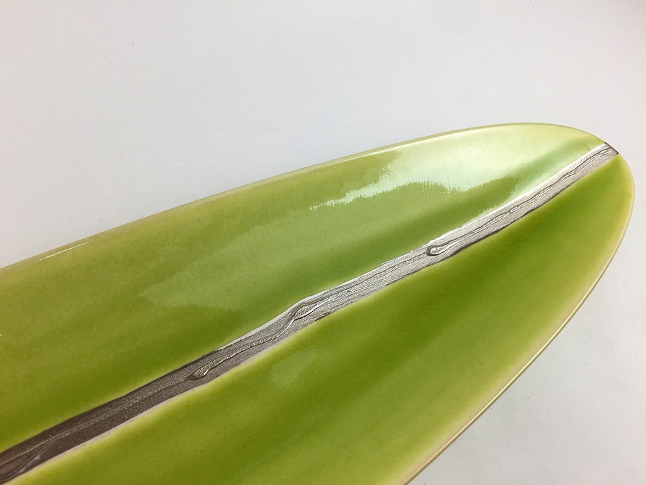 【SALE】黄緑オリベ銀楕円長皿小　45cm　有田焼【訳あり】