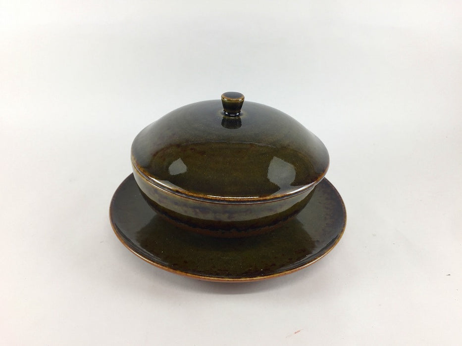 115栗蓋物　苔色　台皿付　12cm　有田焼(j.R)