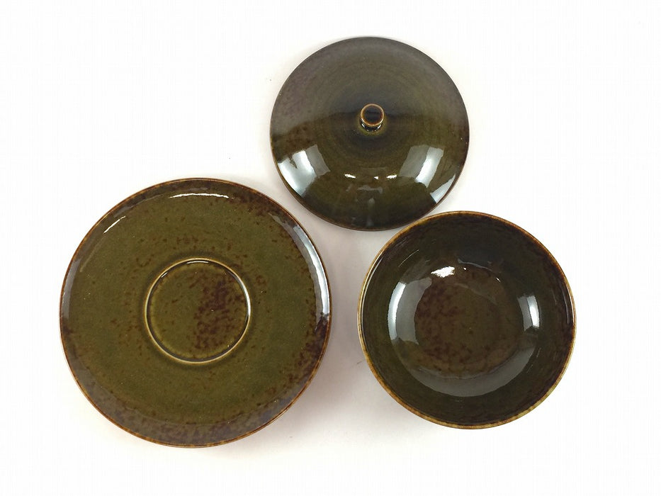 115栗蓋物　苔色　台皿付　12cm　有田焼(j.R)