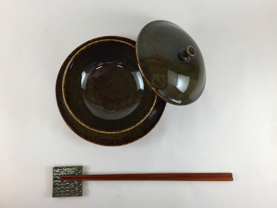 115栗蓋物　苔色　台皿付　12cm　有田焼(j.R)