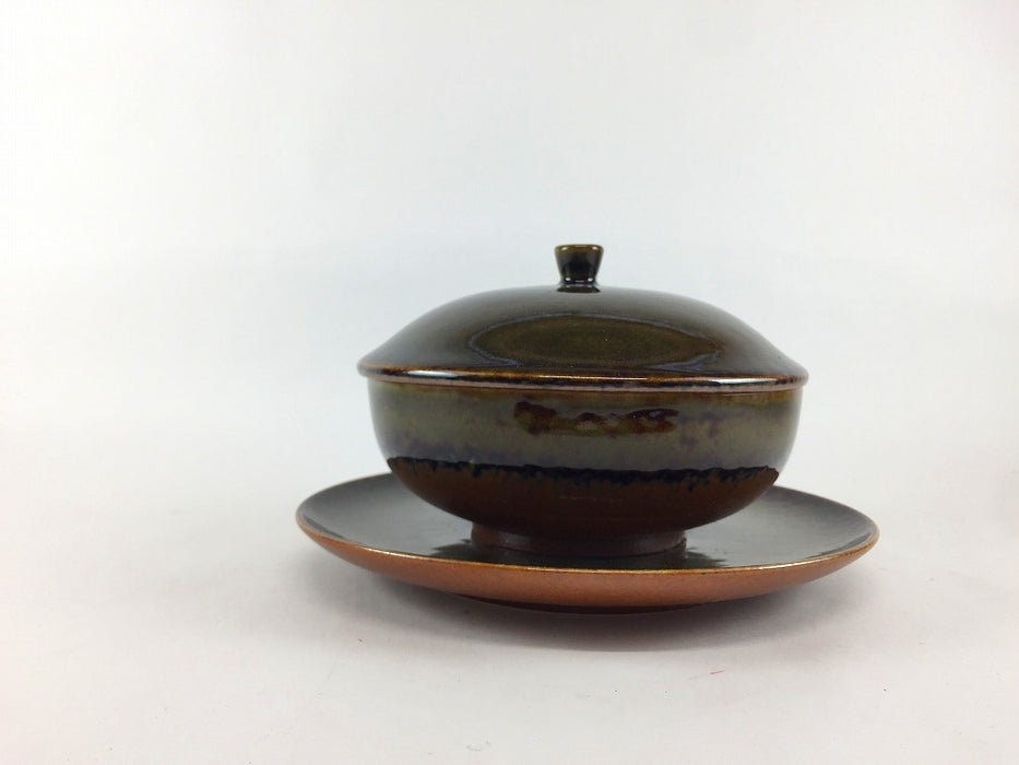 115栗蓋物　苔色　台皿付　12cm　有田焼(j.R)