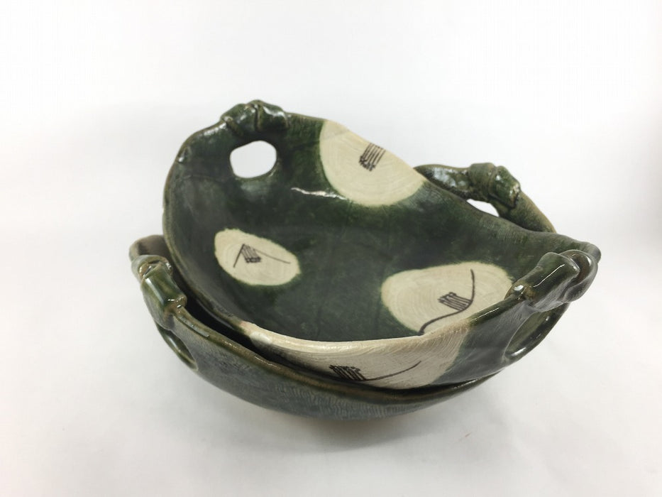 【SALE】織部椿絵手付8寸盛鉢　24cm　美濃焼【訳あり】