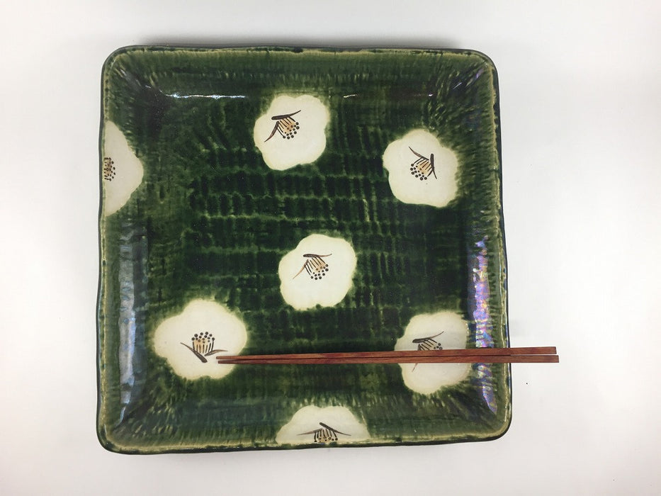 【SALE】織部椿角盛皿　28cm　美濃焼【訳あり】