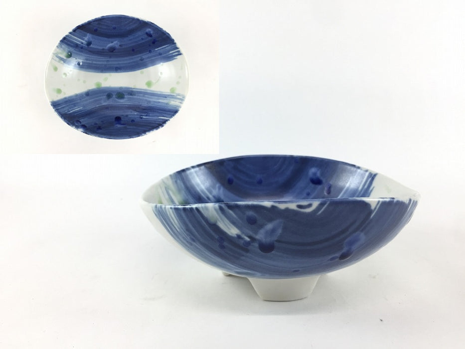 【SALE】12cm三ツ足楕円小鉢.藍刷毛緑水　有田焼【訳あり】