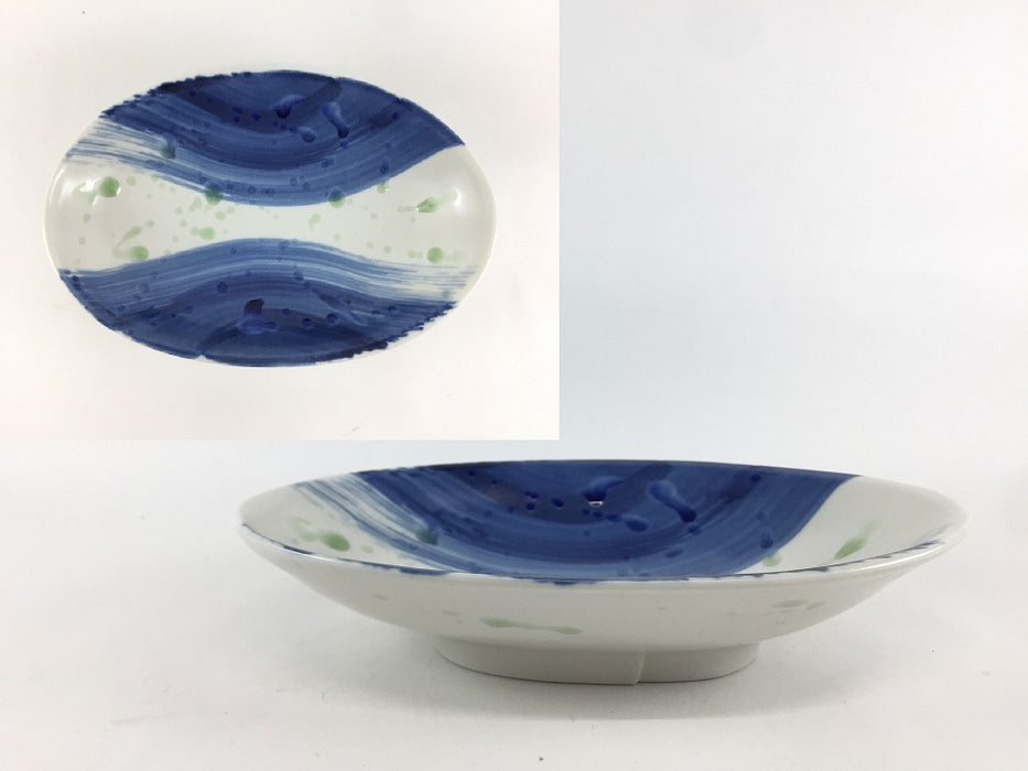 【SALE】19cm楕円浅鉢.藍刷毛緑水　有田焼【訳あり】