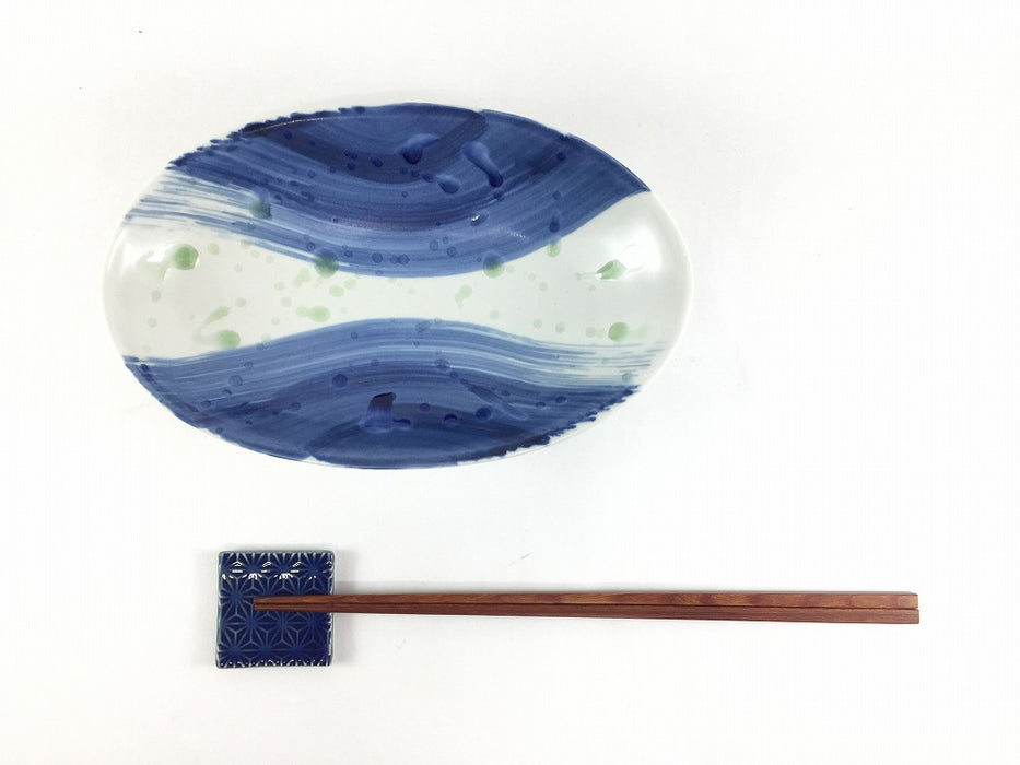 【SALE】19cm楕円浅鉢.藍刷毛緑水　有田焼【訳あり】