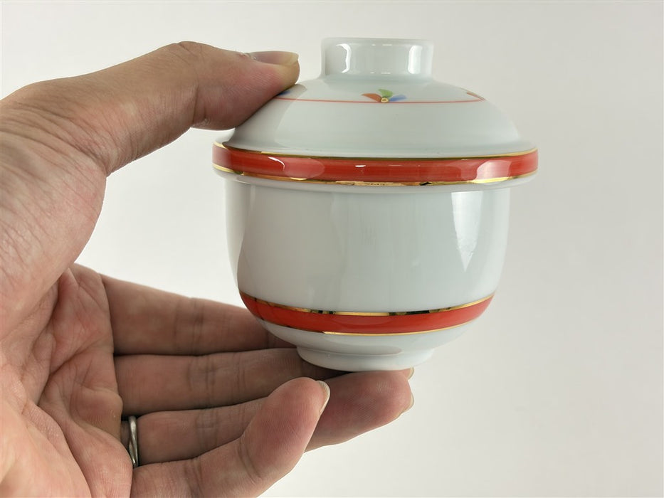 【SALE】K蒸し碗.朱帯小花　8cm　有田焼【訳あり】