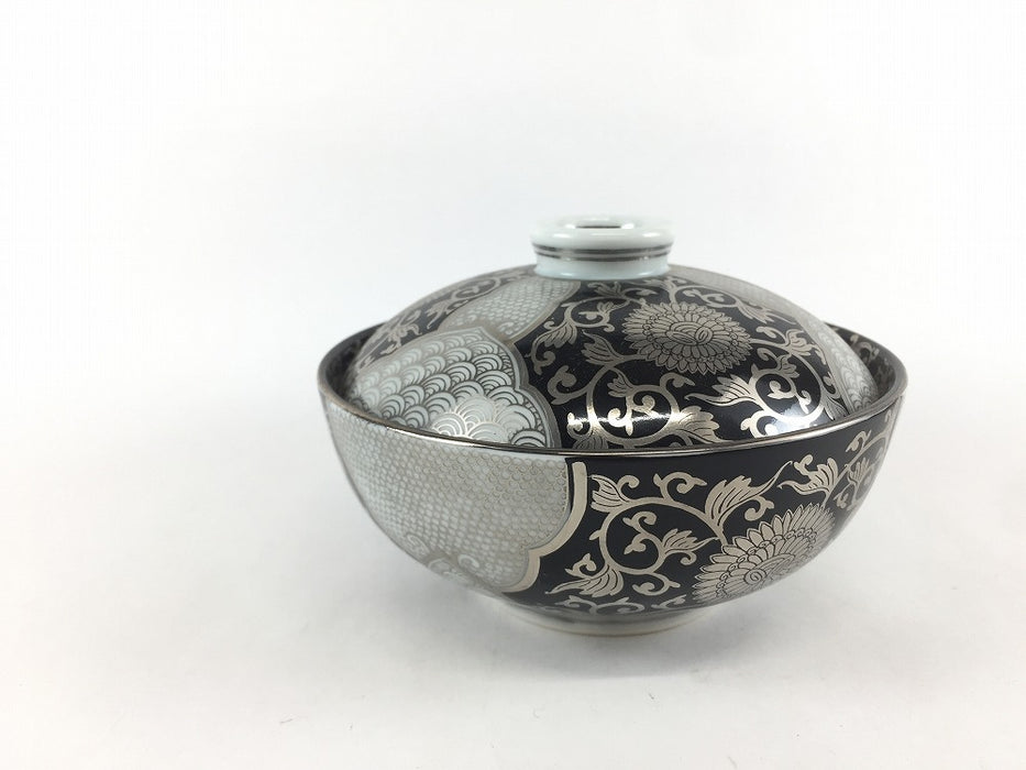 【SALE】4寸蓋物.黒銀彩菊華紋　11cm　有田焼【訳あり】