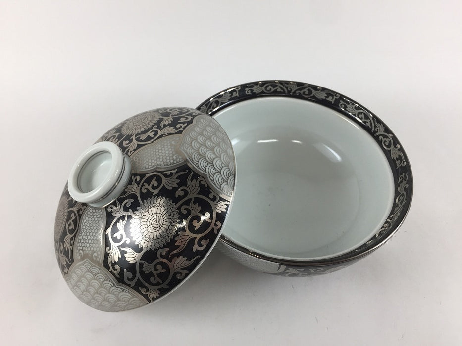 【SALE】4寸蓋物.黒銀彩菊華紋　11cm　有田焼【訳あり】