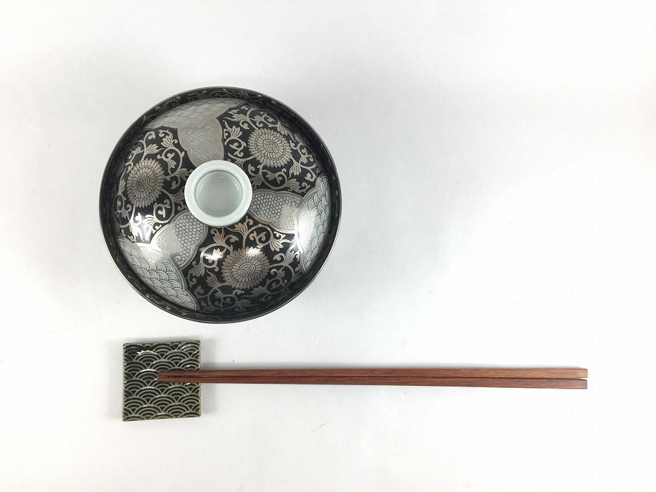 【SALE】4寸蓋物.黒銀彩菊華紋　11cm　有田焼【訳あり】