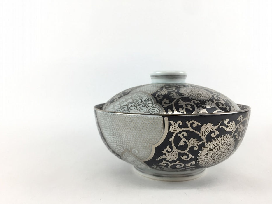 【SALE】4寸蓋物.黒銀彩菊華紋　11cm　有田焼【訳あり】