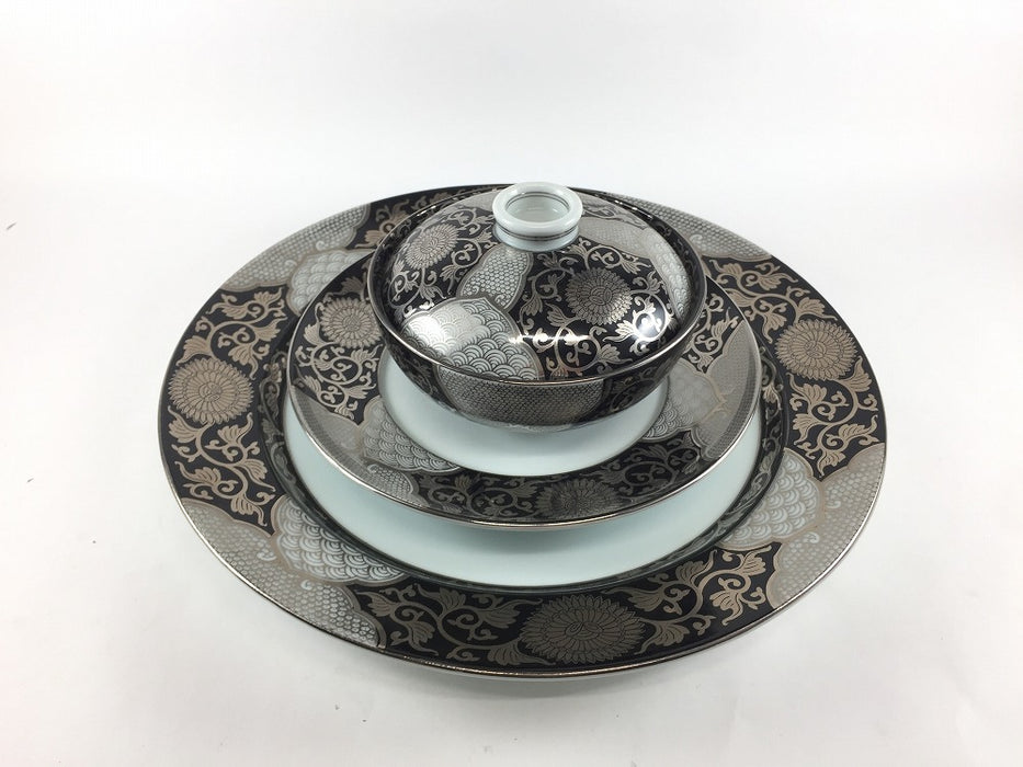 【SALE】4寸蓋物.黒銀彩菊華紋　11cm　有田焼【訳あり】