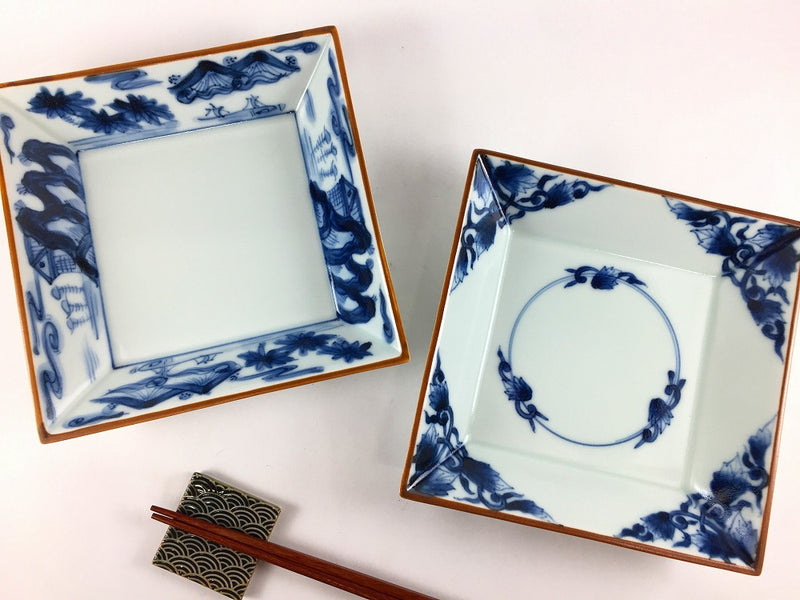 古染 三足付 末広向付 山水人物紋 送料込み250214 2024-03-