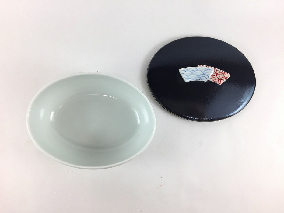 【SALE】扇地紋黒白4寸小判蓋物　12.5cm　有田焼【訳あり】