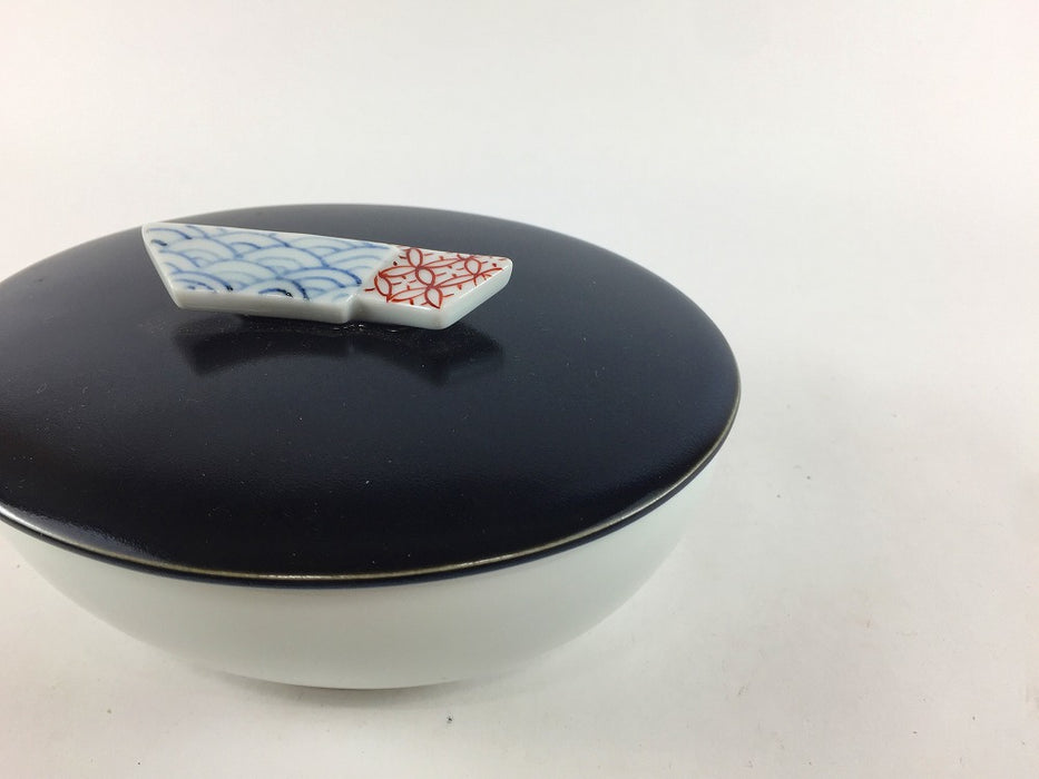 【SALE】扇地紋黒白4寸小判蓋物　12.5cm　有田焼【訳あり】