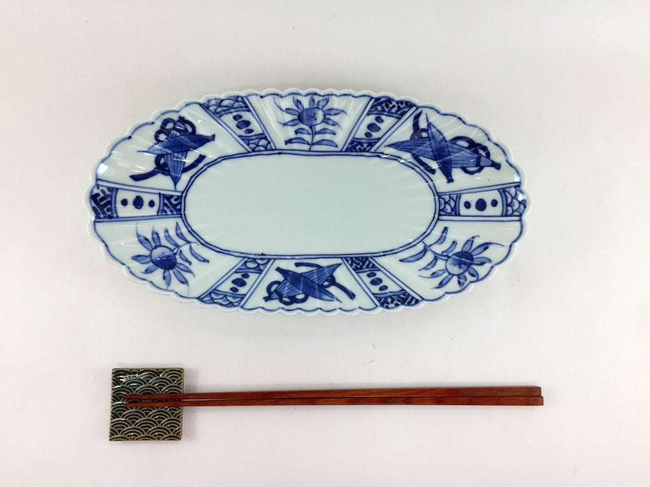 菊型楕円皿　(芙蓉手/松竹梅)　24cm　有田焼(j.R)