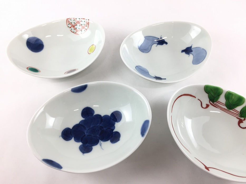 【SALE】楕円120小鉢　(色丸文/藍なす/藍椿/色かぶ絵)　12cm　有田焼【訳あり】