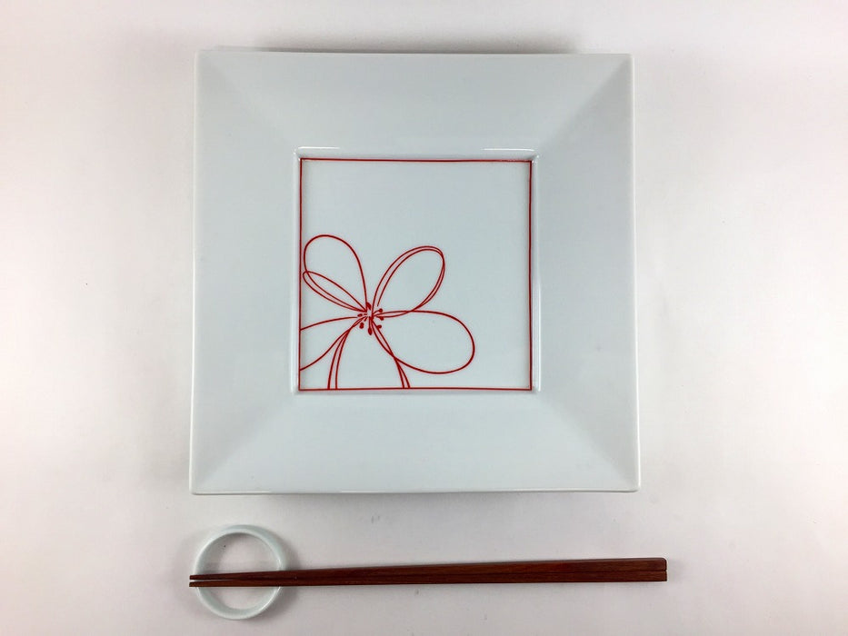 【SALE】赤ライン花215角皿　21.5cm　有田焼【訳あり】