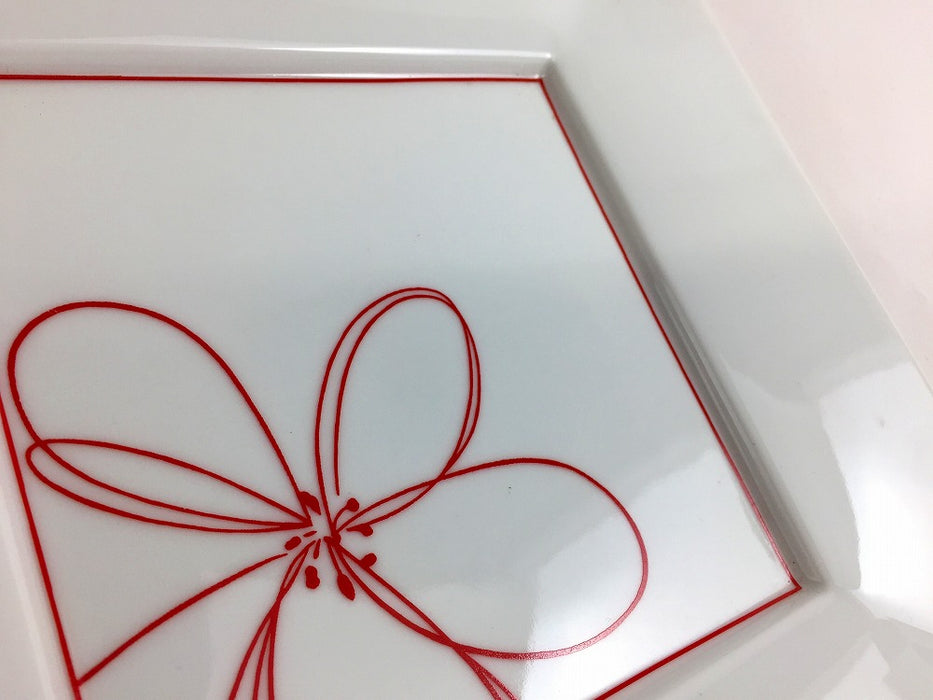 【SALE】赤ライン花215角皿　21.5cm　有田焼【訳あり】