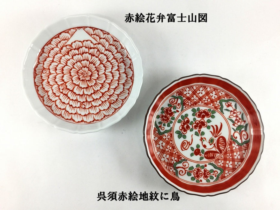 13cm立渕皿　(赤絵花弁富士山図/呉須赤絵地紋に鳥)　吉田焼(肥前有田焼)　(j.R)