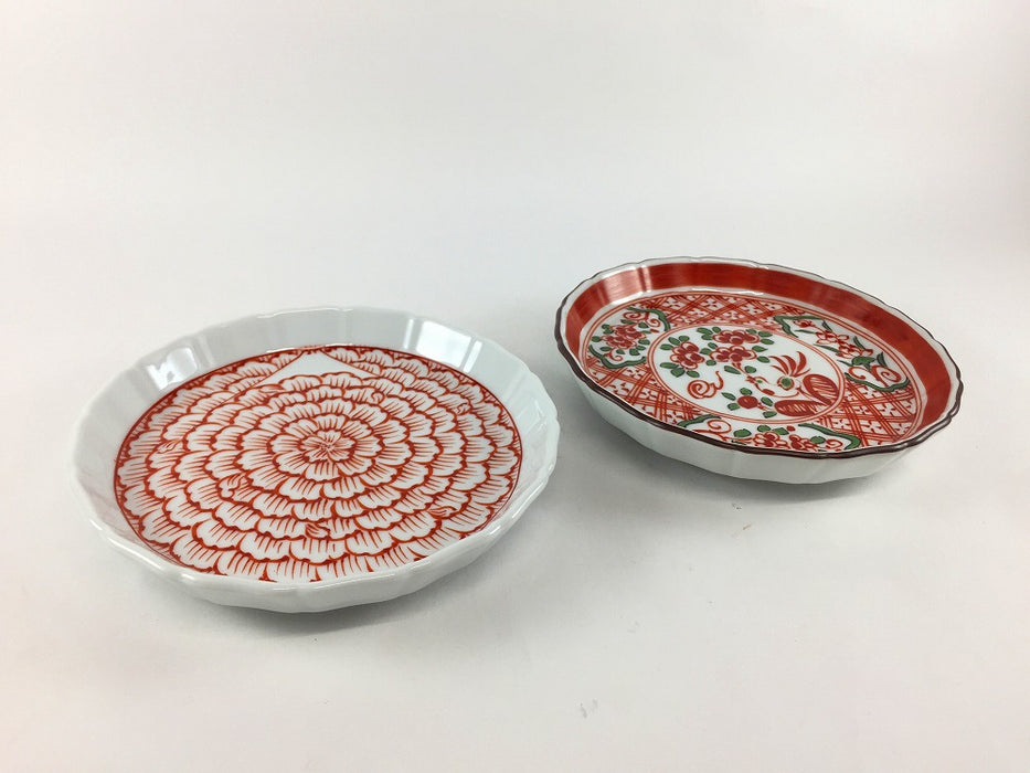 13cm立渕皿　(赤絵花弁富士山図/呉須赤絵地紋に鳥)　吉田焼(肥前有田焼)　(j.R)