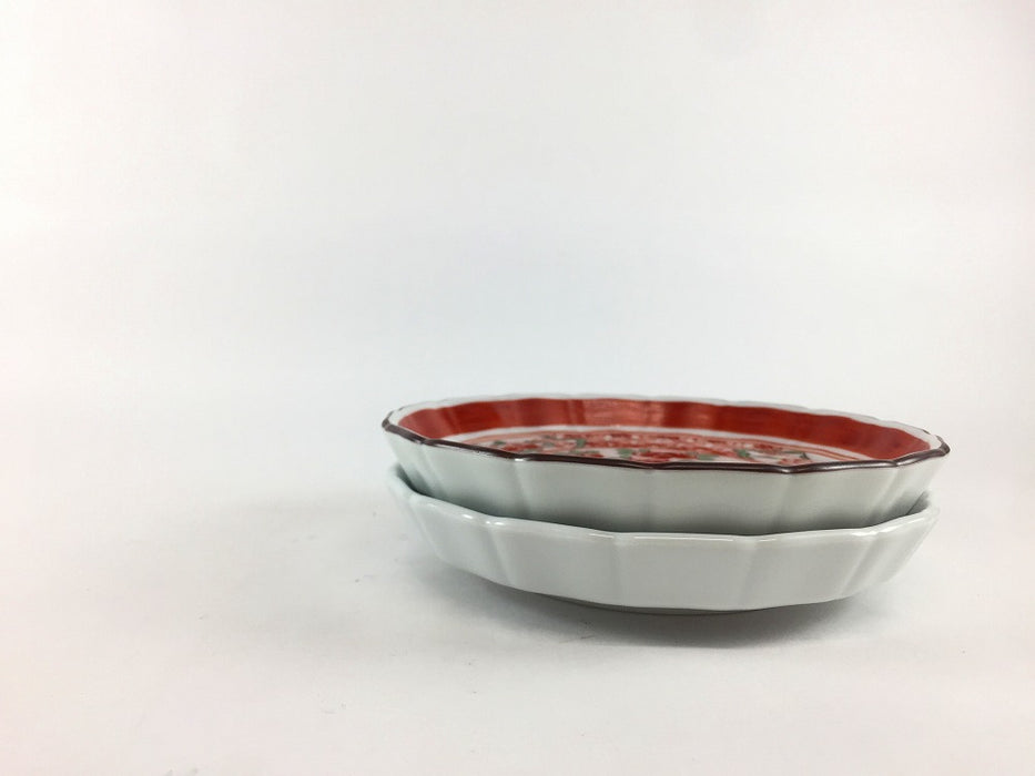 13cm立渕皿　(赤絵花弁富士山図/呉須赤絵地紋に鳥)　吉田焼(肥前有田焼)　(j.R)