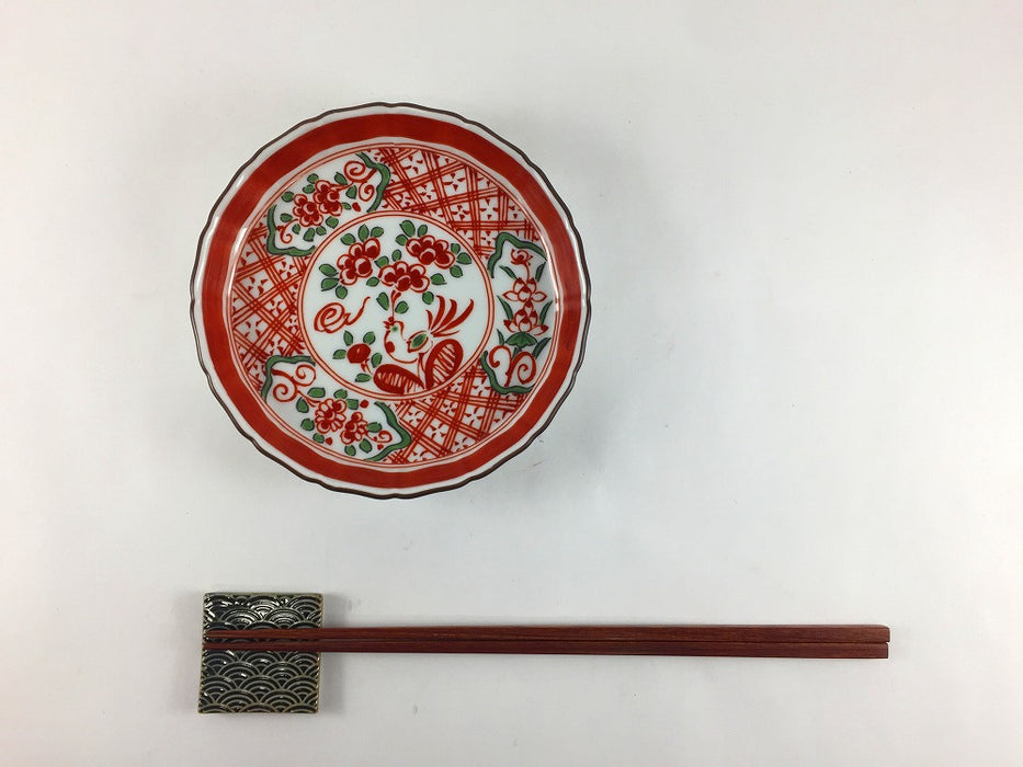 13cm立渕皿　(赤絵花弁富士山図/呉須赤絵地紋に鳥)　吉田焼(肥前有田焼)　(j.R)