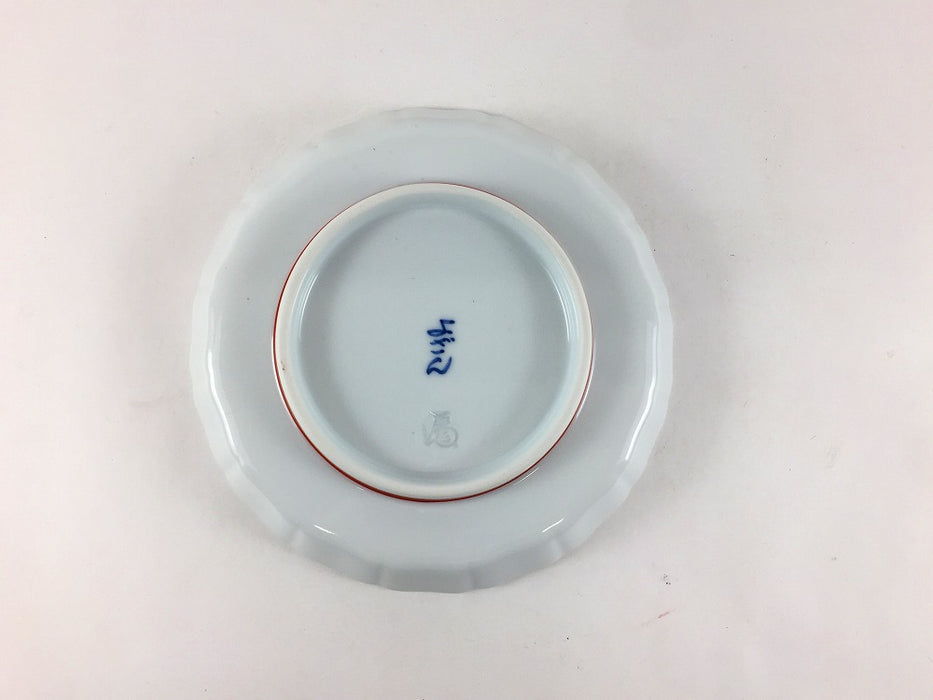 13cm立渕皿　(赤絵花弁富士山図/呉須赤絵地紋に鳥)　吉田焼(肥前有田焼)　(j.R)