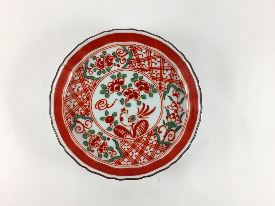 13cm立渕皿　(赤絵花弁富士山図/呉須赤絵地紋に鳥)　吉田焼(肥前有田焼)　(j.R)