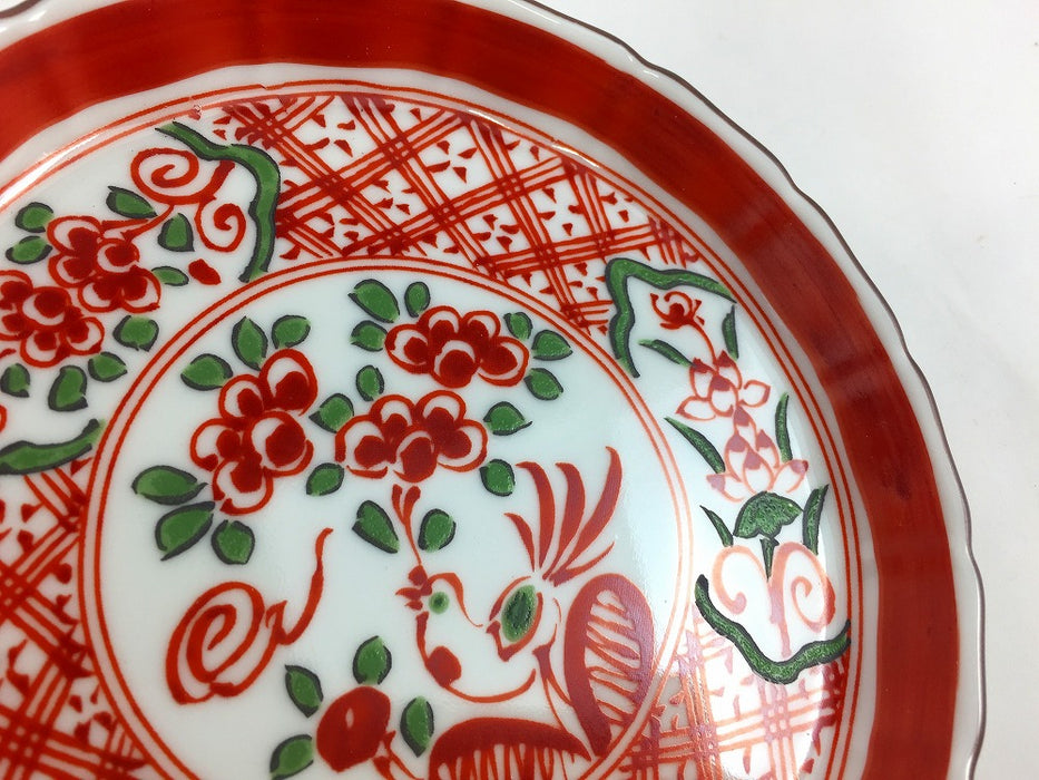 13cm立渕皿　(赤絵花弁富士山図/呉須赤絵地紋に鳥)　吉田焼(肥前有田焼)　(j.R)